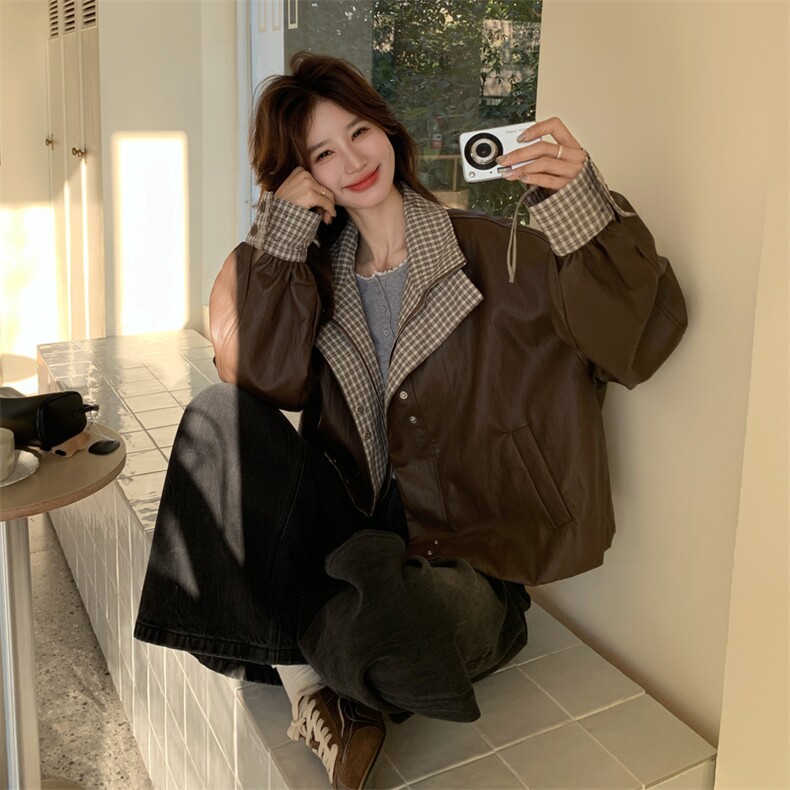 新品格子拼接皮衣外套2C117-1832P165K268,女装短外套,2C117