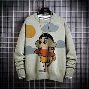 1日系圆领宽松中性情侣潮流大码M-5XL印花毛衣男7782P55加绒P70