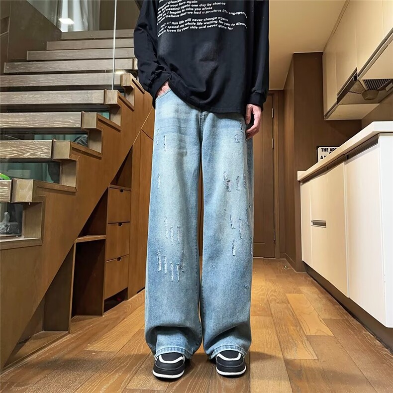美式复古做旧破坏牛仔裤男女cleanfit宽松直筒百搭垂感微喇裤，男装牛仔裤，星座1013-1