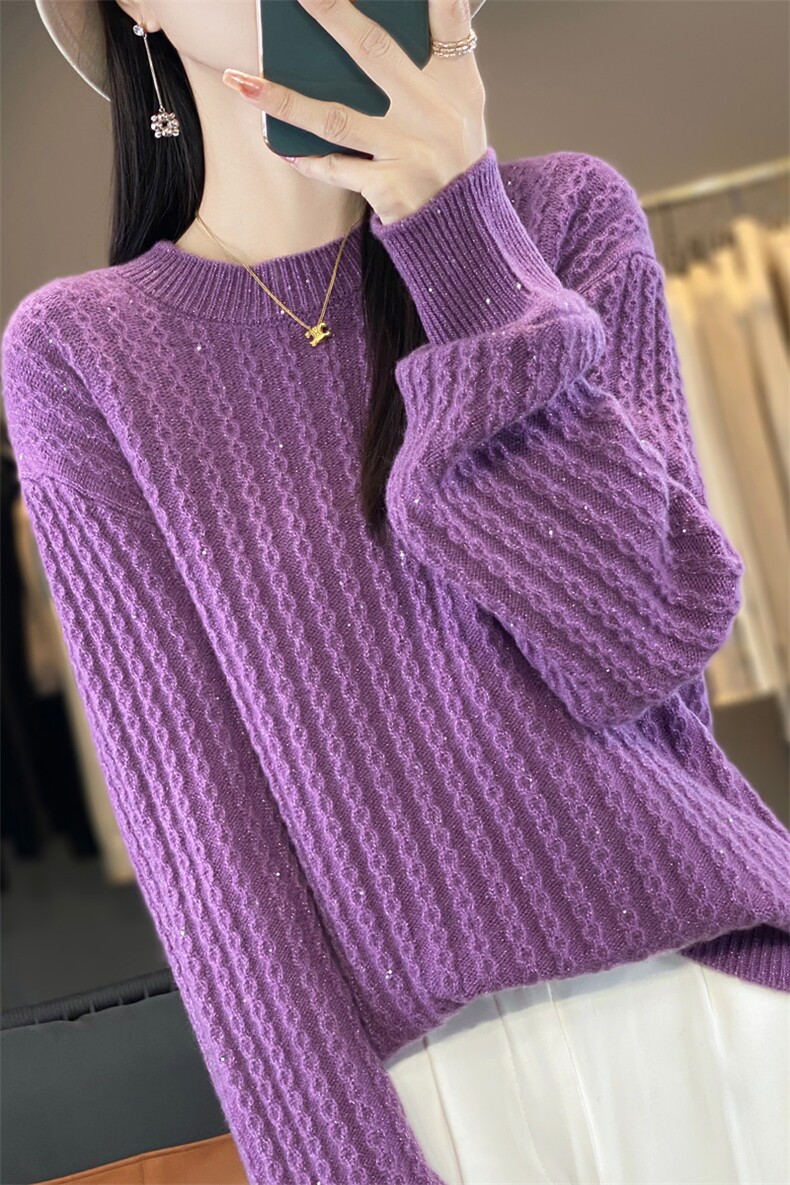 针织衫女圆领羊毛秋冬宽松短款毛衣长袖内搭打底衫,女装羊毛衫,忠诺羊绒