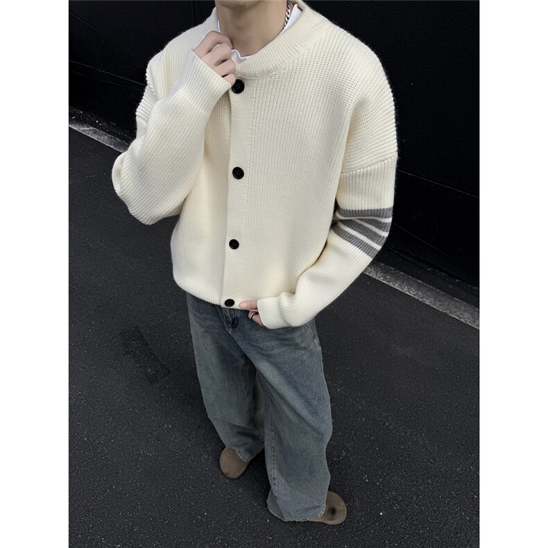 经典三条杠冬季开衫休闲百搭毛衣宽松加厚情侣针织衫M9907TP55,男装针织衫/毛衣,电商A247