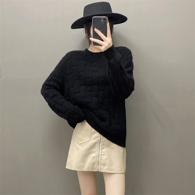 秋冬新款加厚圆领羊毛针织打底衫女宽松麻花珠片套头毛衣羊绒衫,女装羊绒衫,织绒羊