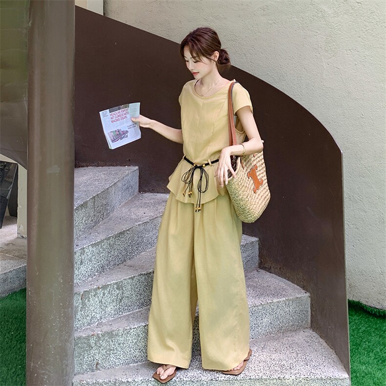 休闲气质棉麻阔腿裤套装女夏2025新款两件套韩系夏日ootd穿搭,女装套装/套裙,2C159