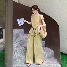 休闲气质棉麻阔腿裤套装女夏2025新款两件套韩系夏日ootd穿搭，女装套装/套裙，2C159