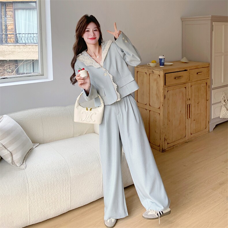 设计感西装套装女2025秋季新款今年流行减龄蕾丝西服阔腿裤两件套,女装套装/套裙,2D078