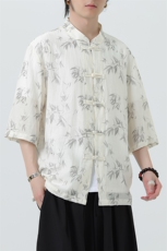 2025夏季新款风男汉服盘扣新中式唐装竹叶印花衬衫C107-P55，男装衬衫，电商B277(原6028)