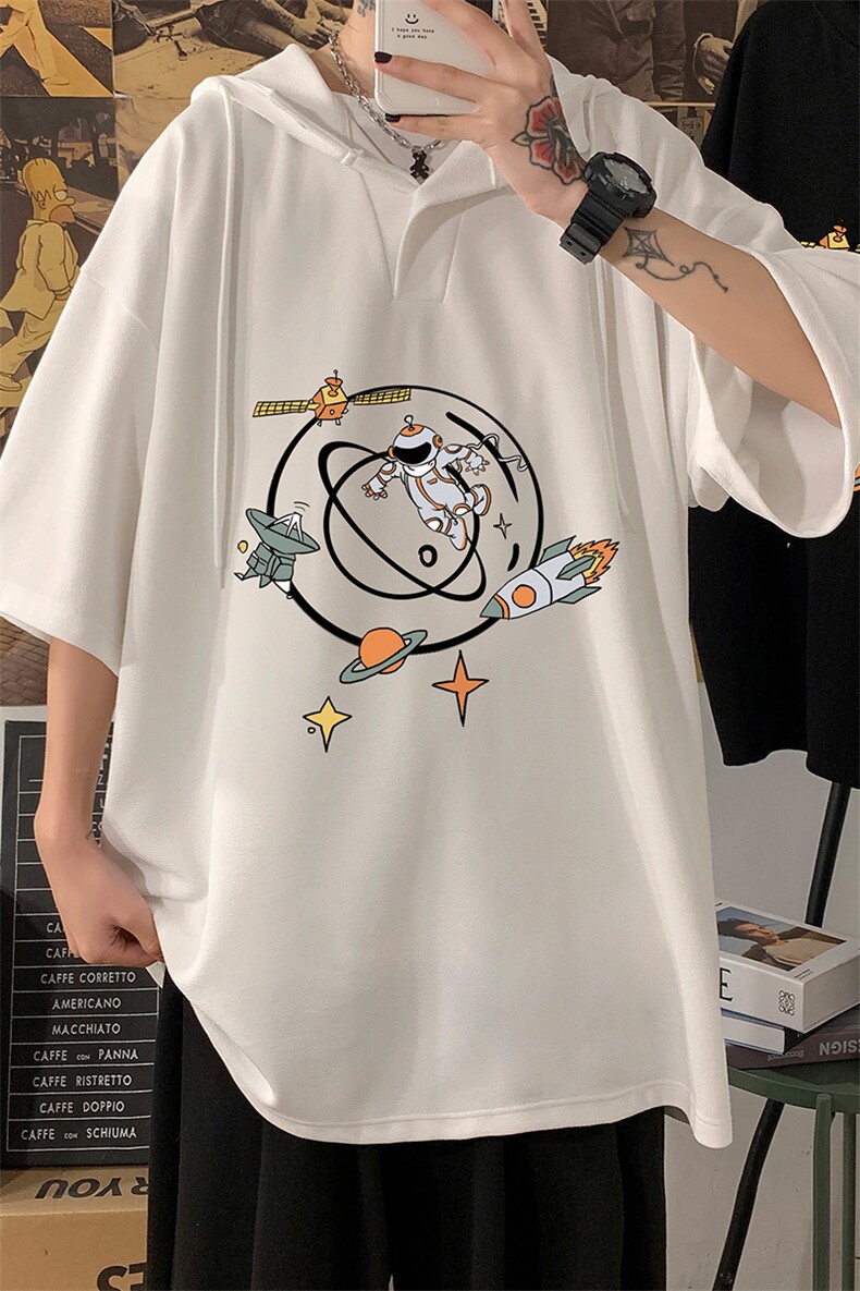 LD54142-P45连帽短袖t恤男大码胖子带帽五分袖中袖海报风,男装T恤,电商A040