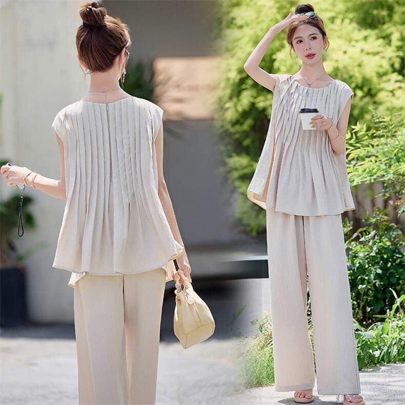 夏季新款2025时尚套装女高级感宽松圆领短袖高腰显瘦阔腿裤两件套，女装套装/套裙，米雪儿