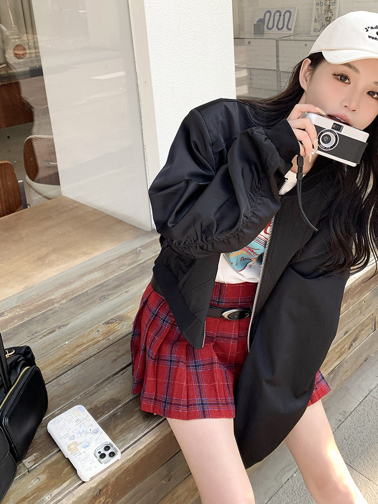 时尚黑色短款外套拼接袖片抽皱设计显瘦百搭潮流女装,女装短外套,鑫慧
