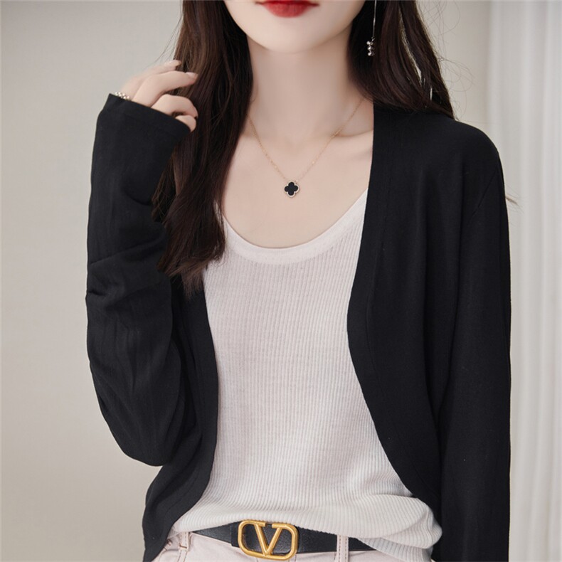 时尚冰丝防晒开衫女薄款针织外套百搭空调衫外搭披肩短款坎肩罩衫，女装针织衫/毛衣，暖姿羊绒