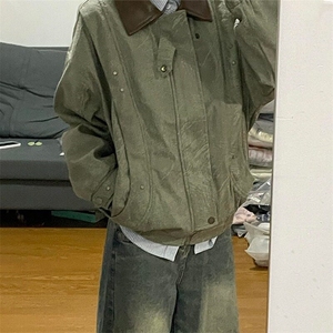 灯芯绒复古潮牌pu皮翻领夹克男女美式街头古着感情侣外套 J686图片