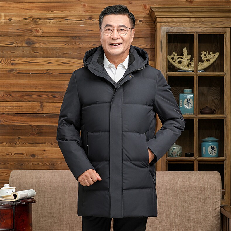 2024年冬季老年休闲男士连帽中长款羽绒服男装加厚保暖白鸭绒外套,男装羽绒服,钱塘6003（原4033）