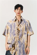 1冰丝扎染面料聚酯纤维M-5XL大码短袖衬衫男DCS78034P35控58，男装T恤，星座226-2