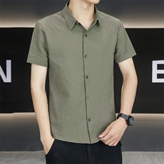 夏季翻领短袖抗皱免烫泡泡格衬衫纯色男士休闲时尚衬衣N7999-P25，男装衬衫，星座310B-3