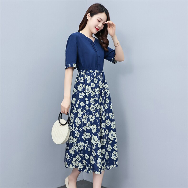 2023夏季新款时尚气质收腰显瘦休闲舒适拼接棉麻连衣裙,女装连衣裙,独衣靓