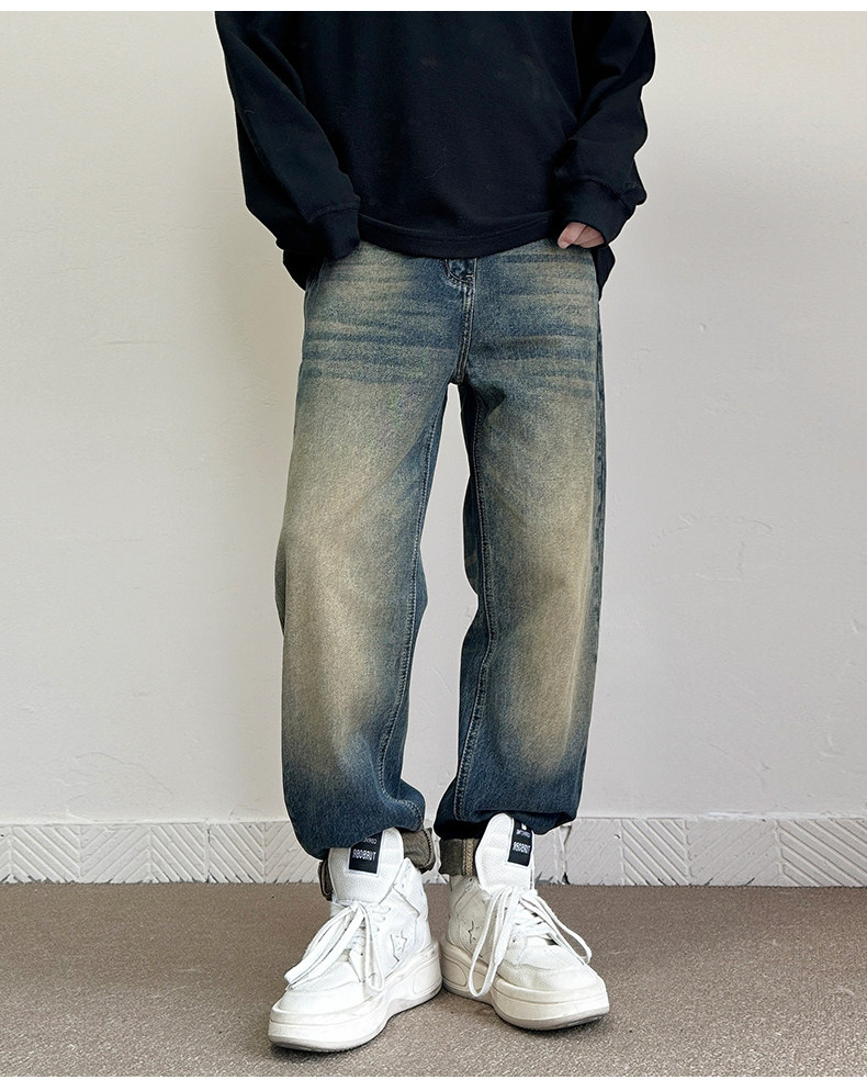 美式宽松复古黄泥直筒裤休闲牛仔裤男潮有大码902A/3702/P58,男装牛仔裤,星座902A
