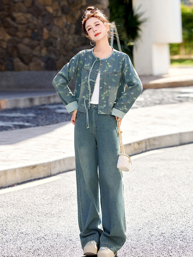 新中式国风印花牛仔时尚套装女2025春季新款复古盘扣气质两件套潮,女装套装/套裙,欣品汇