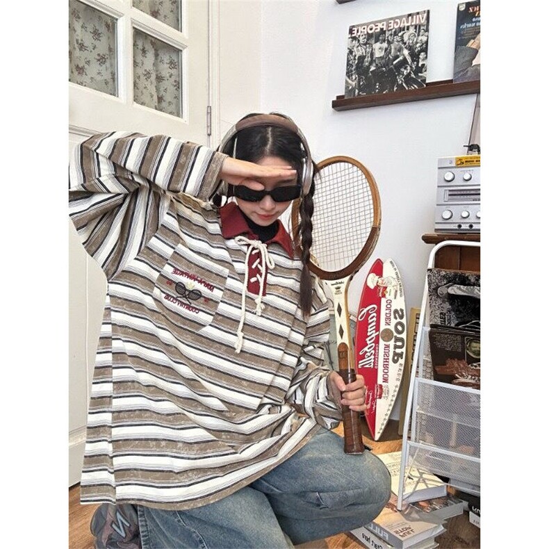 W9494-P45网图现货美式高街撞色条纹设计感宽松POLO长袖T恤衫,男装T恤,星座1608-2