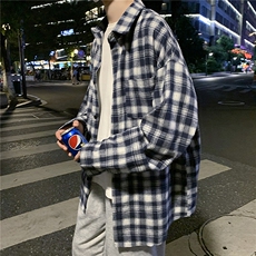 21秋装港风情侣中性格子长袖衬衫外套宽松百搭复古ins潮H216/P45，男装衬衫，钱塘713