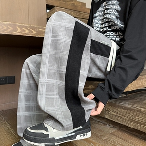 K25102批45控68 格子撞色拼条拖地裤秋季新款休闲裤男裤子长裤图片