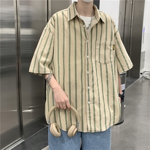 夏季设计感条纹短袖衬衫潮流外套ins港风日系百搭上衣男W3197-P34图片