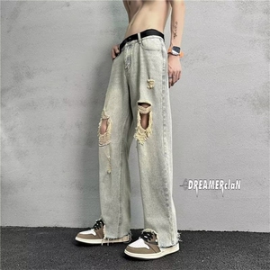美式复古破洞牛仔裤女夏季2025新款直筒宽松高腰阔腿垂感拖地裤子图片