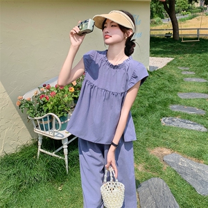 现货!套装女夏气质飞飞袖上衣阔腿长裤两件套5076P125K178图片
