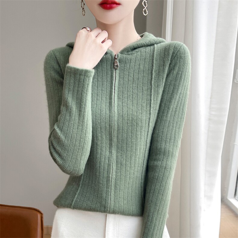 tb同款连帽卫衣女外套毛衣开衫修身韩版打底长袖外穿搭洋气针织衫，女装羊毛衫，九嘉羊绒