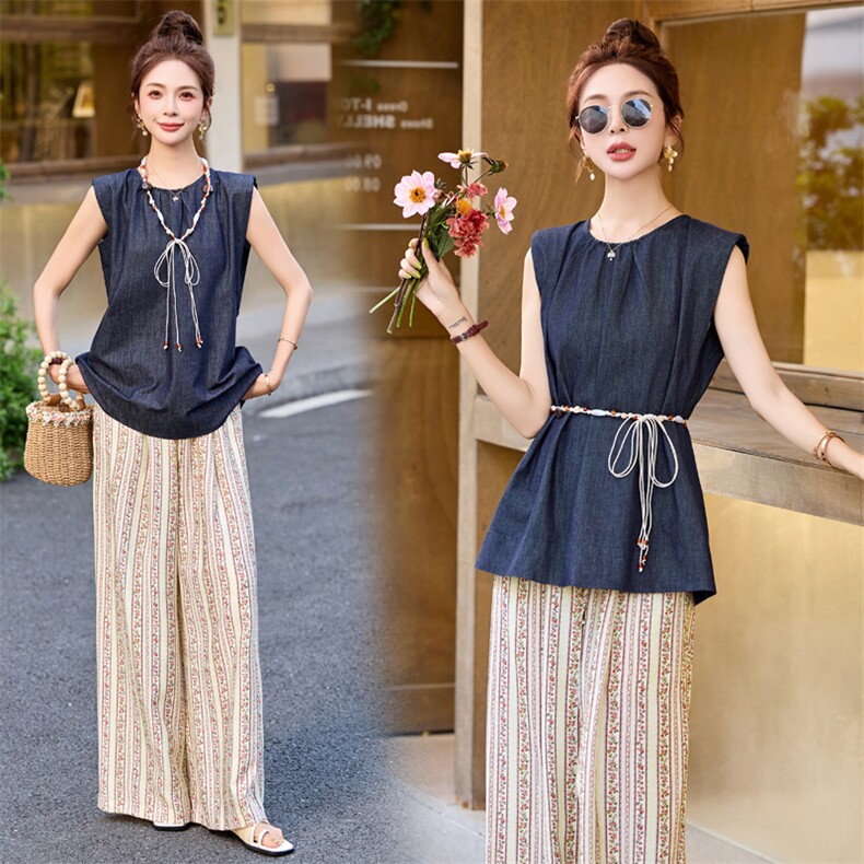 2025简约圆领无袖背心女收腰显瘦气质百搭中长款波西米亚裤子麻料，女装套装/套裙，潮流依族