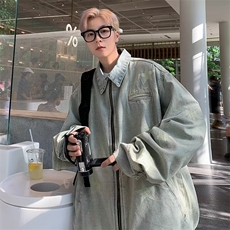 秋季美式高街VIBE风外套五角星星刺绣廓形做旧拉链牛仔水洗夹克，男装夹克，星座601-2