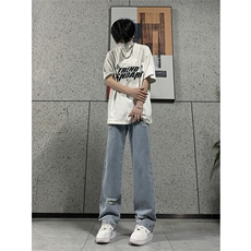 现货夏季显瘦破洞设计感宽松直筒高街薄款休闲牛仔裤K5802-特P35，男装牛仔裤，星座205