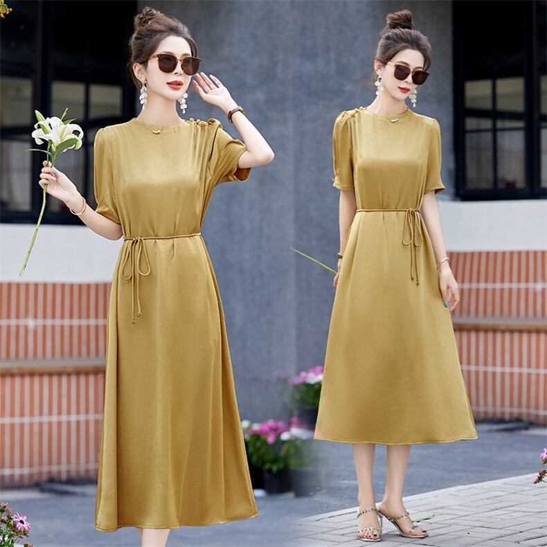 醋酸缎面连衣裙女夏季2024年新款高端气质系带收腰显瘦妈妈长裙子，女装连衣裙，时尚俏佳人
