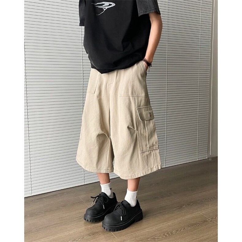 多口袋工装七分裤男款复古Cityboy短裤休闲宽松阔腿夏季-K359，男装牛仔裤，星座601-1