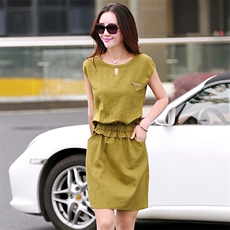 2020年夏季无袖中裙圆领纯色棉连衣裙，女装连衣裙，贵人树