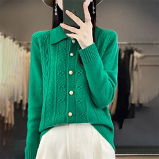 2024秋季新款扭花鼓包POLO领长袖纯色羊毛套头衫休闲百搭，女装羊毛衫，秋双羊绒