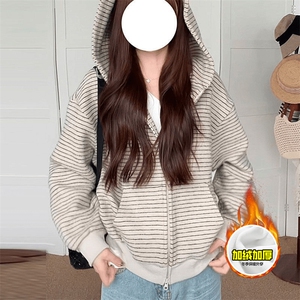480G重磅加绒硬挺boxy 男女秋冬美式高街条纹毛呢卫衣开衫厚外套图片