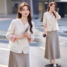 主推现货重工艺新款新中式春夏提花刺绣设计感时尚气质减龄两件套，女装套装/套裙，韩美纤衣