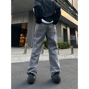 美式高街vibe风直筒长裤欧美痞帅男hiphop复古水洗拼接工装牛仔裤图片
