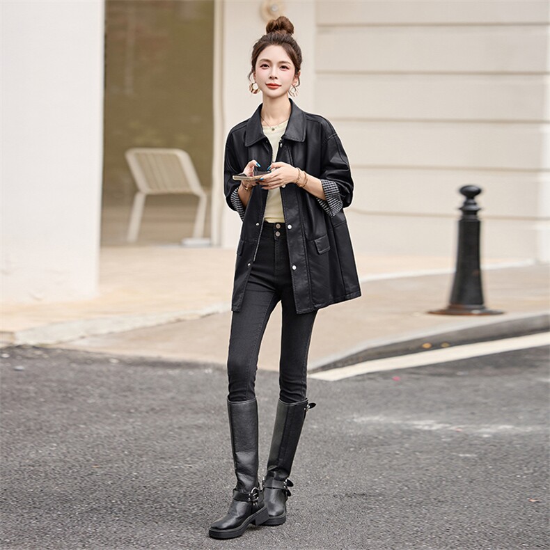 海宁拼接条纹PU皮外套女2025春秋季洋气翻领时尚显瘦显高皮衣上衣,女装皮衣,美拉德工厂直营店