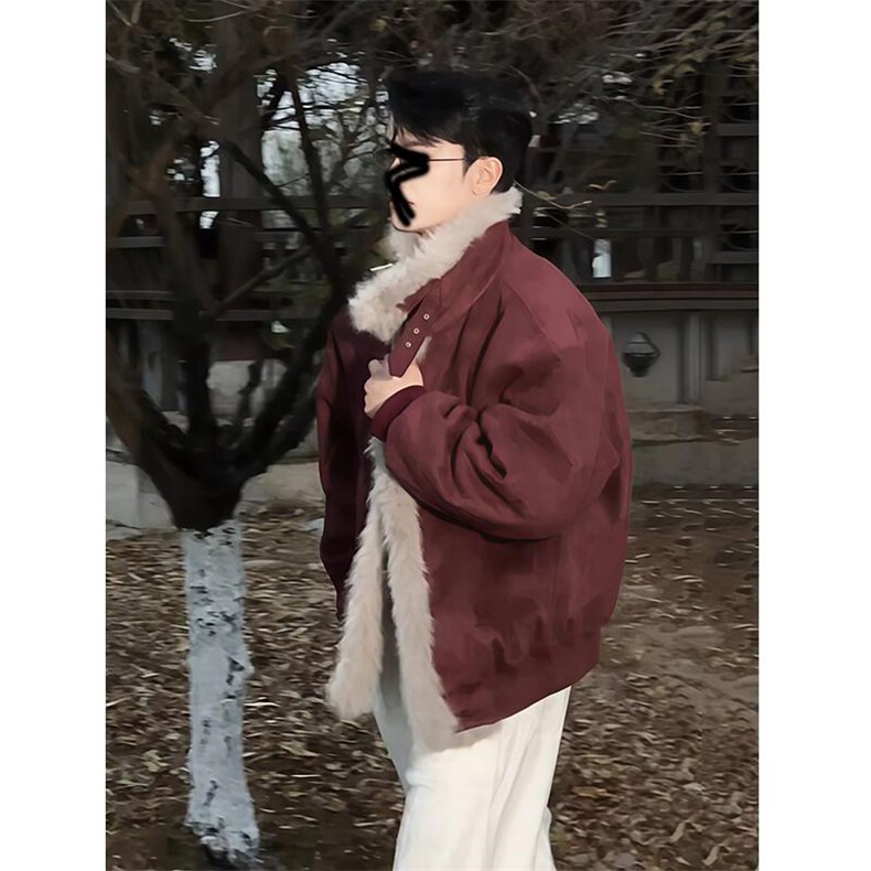 现货重磅硬挺boxy羽绒棉衣座山雕大毛毛领洗水麂皮棉服冬外套,男装棉衣,电商A486-1