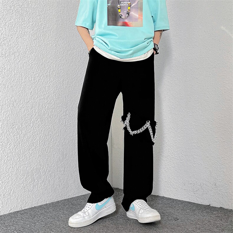 宽松抽绳亚克力黑白拼接链条长裤直筒K01338-P50,男装休闲裤,星座308B-1