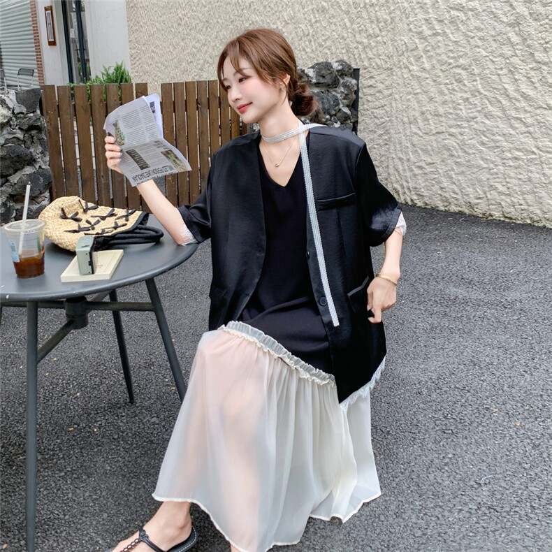 黑色贵气感穿搭套装女2025夏季新款蕾丝拼接无领西装背心裙两件套,女装套装/套裙,2D078