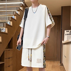 刺绣拼接夏季T恤一套短裤两件套休闲运动套装男A266-TZ9907-P47，男装休闲套装，电商A266