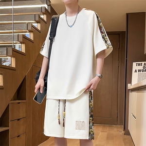 刺绣拼接夏季T恤一套短裤两件套休闲运动套装男A266-TZ9907-P47图片