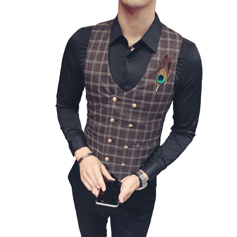 Y8753-2021羽毛装饰型男双排扣马甲工作服潮理发师休闲马甲P50,男装背心/马甲,星座717A