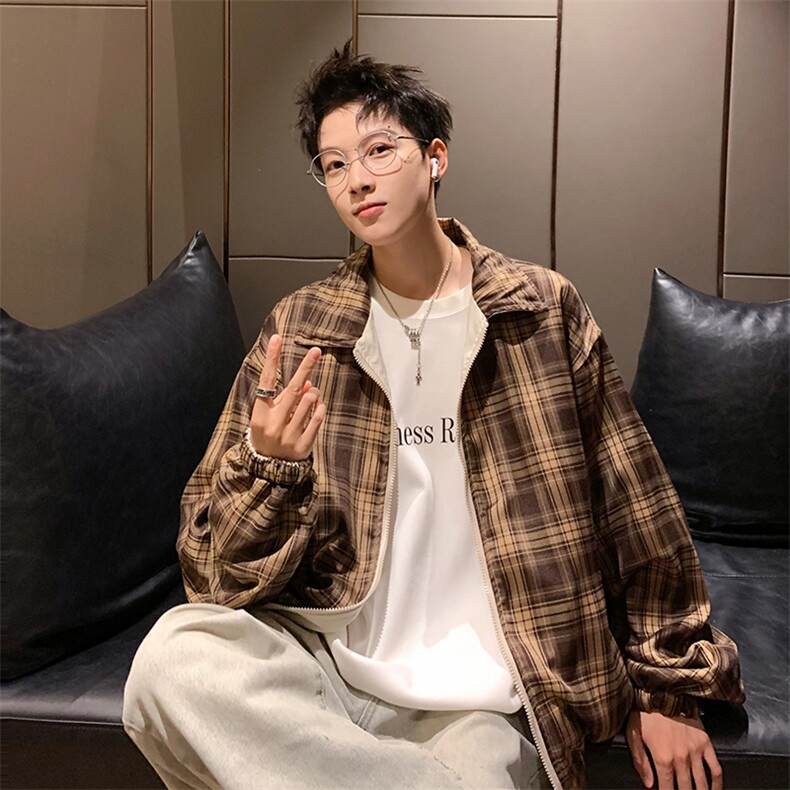 美式复古格子双面穿情侣宽松百搭男女秋季新款夹克外套JK941/P65,男装夹克,星座506