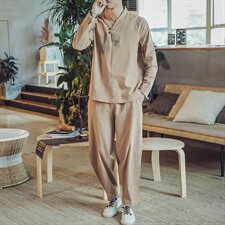 DY15*2021春秋季男国风长袖T恤套装阔腿裤宽松男灰蓝全身*P70，男装T恤，星座1516（原B303）
