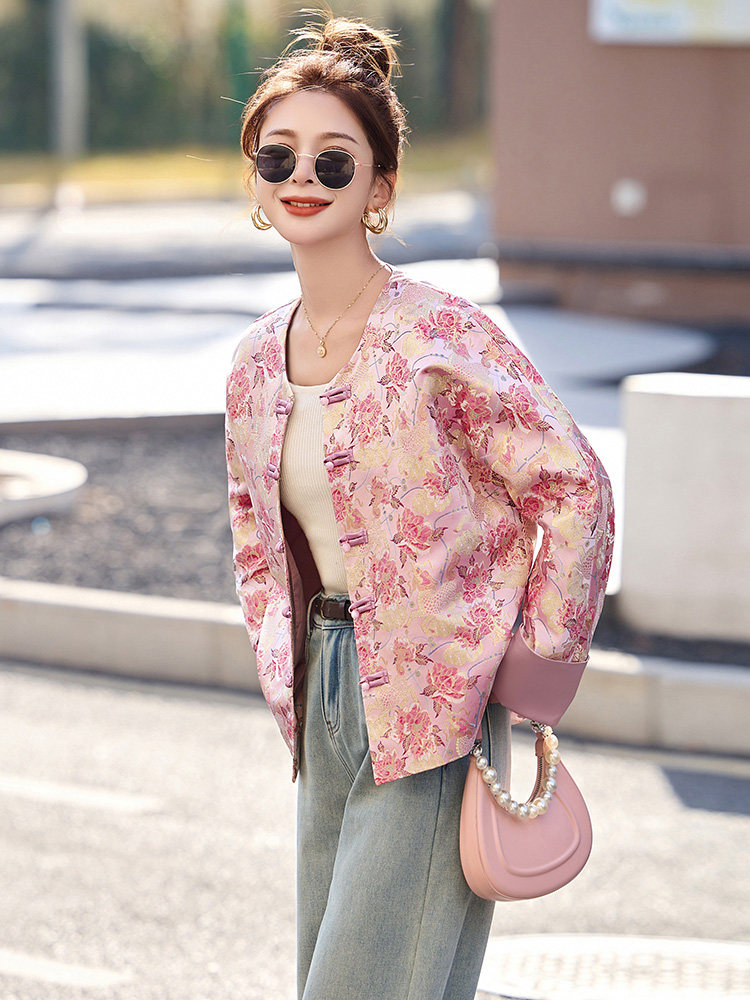 新中式印花盘扣短外套女2025春季新款撞色拼接袖气质超火唐装上衣,女装短外套,流量+