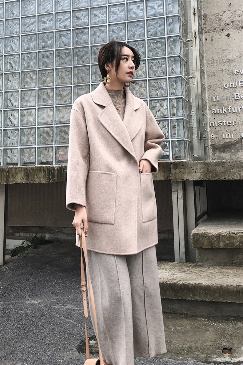 西装领2021春季新款修身时尚长袖中长款毛呢外套纯色,女装毛呢外套,微微衣阁