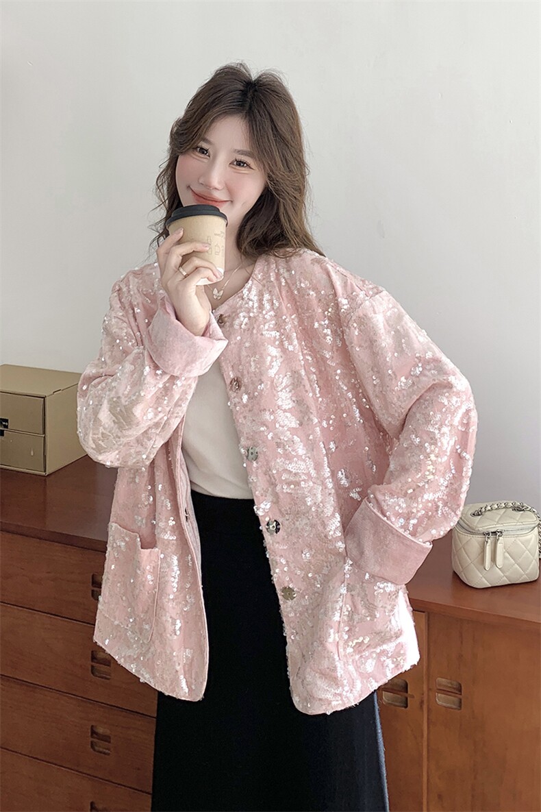 粉色复古亮片小香风西装外套女2025秋季新款今年流行新中式小西服,女装短外套,2C187